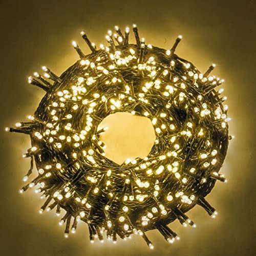 Luccika stringa natalizia con luci a led su cavo verde per uso interno ed esterno controller 31V con 8 giochi di luce e memoria (Bianco Caldo, 15 Metri con 300 Led)