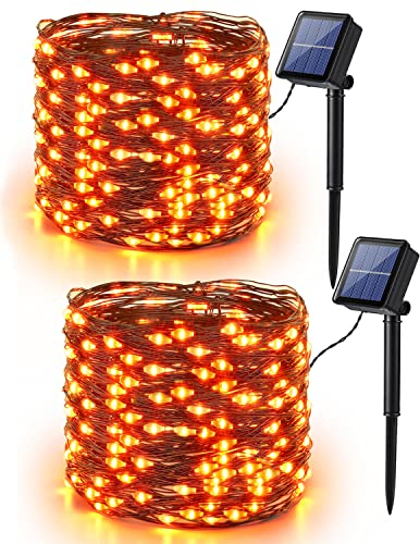 Herbstdeko Solar Lichterkette Orange, BrizLabs 2 Stück 14M 120 LED Halloween Lichterkette Solar Aussen 8 Modi Wetterfest Kupferdraht Außenlichterkette für Erntedankfest Weihnachten Garten Party Deko