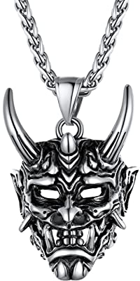 U7 Herren Japanischer Maske Halskette Edelstahl Biker Gotik Dämon Samurai Prajna Anhänger mit 55+5cm Weizenkette Modeschmuck Hip hop Punk Schmuck für Männer Vater Halloween
