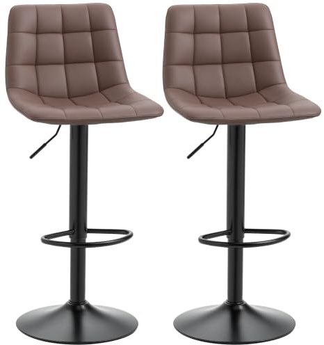HOMCOM Adjustable Bar Stools Set of 2 Swivel for Kitchen Counter Brown | PU Leather Upholstered Barstools, Tufted Seat and Back, Breakfast Bar Chairs