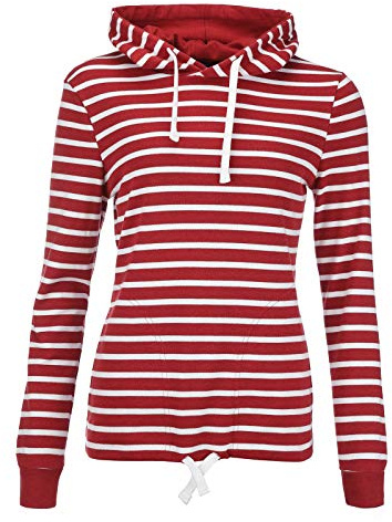 modAS Damen Kapuzenshirt Langarmshirt gestreift - Kapuzenpullover Streifenshirt Ringelshirt mit Kapuze aus Baumwolle in Rot/Weiß Größe 42