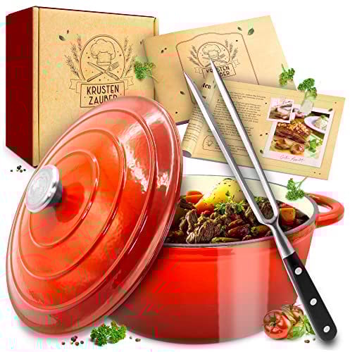 KRUSTENZAUBER Gusseisen Topf [inkl. Fleischgabel] - 26cm Schmortopf backofengeeignet - Idealer Bräter mit Deckel Backofengeeignet, Kochtopf Induktion, Emaille, Bratentopf Cast Iron