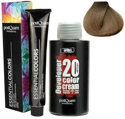 PostQuam - Pack de 3 Tinte de Peluqueria Profesional + Agua Oxigenada en Crema de 20 VOL | Tinte Permanente 100% Cobertura de Canas Garantiza Color Natural Uniforme y Duradero
