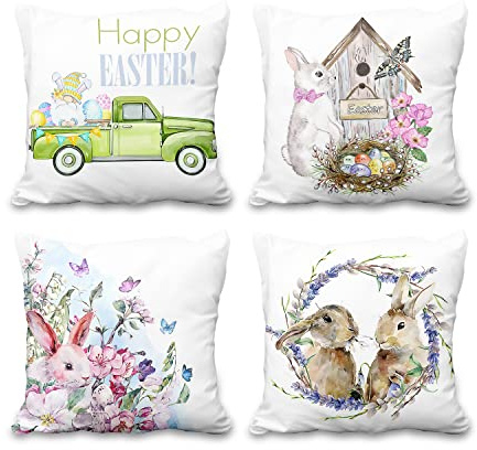 Aoihrraan 50x50cm 4er Set Dekorativ Frohe Oster Kissenbezug Oster Eier Frühling Blume Gras Um Die Kaninchen Gedruckt Weicher Kurzer Plüsch Quadratischer Kissenhüllebauernhaus Draussen Garten Sofa