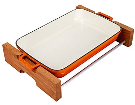 Lava Cast Iron Lasagna Pan, Three Layers of Enameled Cast Iron Lasagna Pan, Baking Tray with Service Stand, 10x16 Inch Rectangular Oven Safe Serving Dish (Orange)