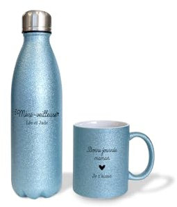 Pack Tasse + Bouteille isotherme pailletée bleue personnalisées · Mère-veilleuse · Idée cadeau anniversaire ou fête des mères -