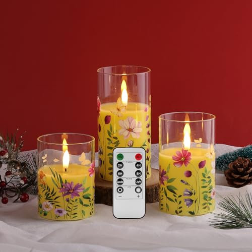 Eywamage Yellow Cosmos Floral Glass Flameless Candles with Remote, Flickering Battery LED Pillar Candles Set of 3