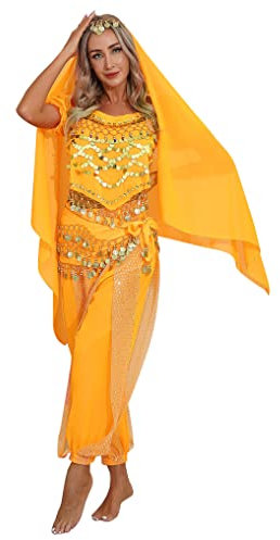Yeahdor Damen Bauchtanz Kostüm Set Pailletten Bauchtanz Oberteil mit Mützen + Haremshose + Hüftschal + Schleier Karneval Fasching Cosplay Party Verkleidung A Gelb Einheitsgröße