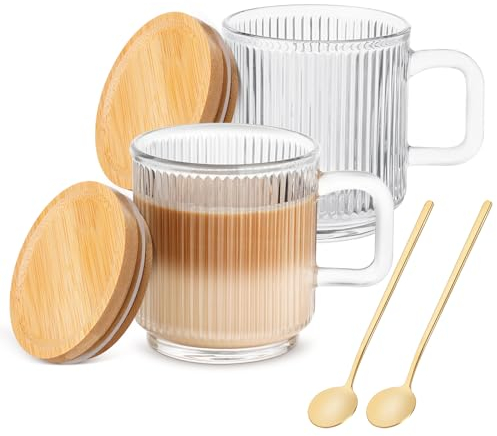 Cappuccino Gläser mit Henkel 2er Set, 350ML Latte Macchiato Gläser mit Deckel und Löffel, Vintage vertikale Streifen klare kaffeegläser, Teegläser Coffee Cup für Cappuccino, Latte, Getränke