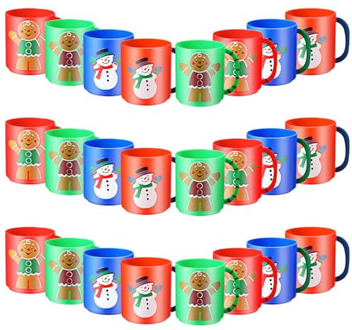 Layhit Weihnachtliche Lebkuchenmann-Tassen aus Kunststoff, Lebkuchenhaus-Tassen, 200 ml, Weihnachts-Schneemann-Tassen-Set für festliche Weihnachtsfeiern, 24 Stück