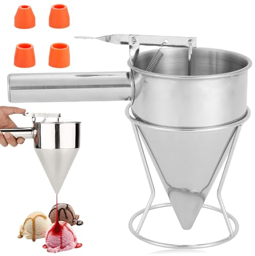 Dispensador de masa para panqueques, 1,2 L, acero inoxidable, con soporte, dispensador de embudo para tartas con 4 embudos, embudo de pistón, embudo de batter, embudo para hornear, herramientas de