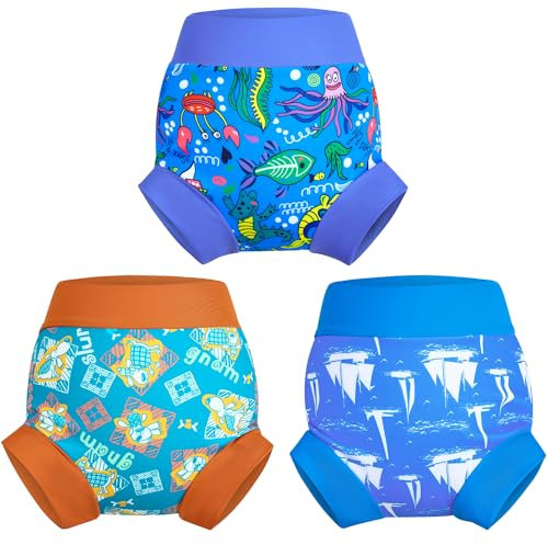 MOEMOE BABY Pannolino da nuoto, Riutilizzabile Costume Contenitivo per Bambini Neonato Neonata,3 pezzi,blu,XL/4T/4-5 Anni