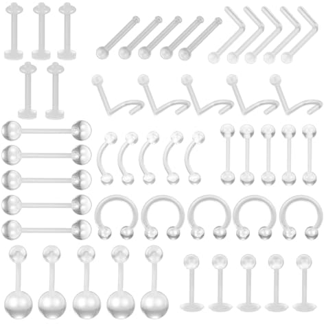KSJEHW Klar Piercing Retainer, Unsichtbares Bioflex Plastik Klar Piercing Set, 16G 18G 20G Nasenseptum Knorpel Tragus Ohrringe, Nasenstecker zum Verdecken von Piercings für Schule und Arbeit