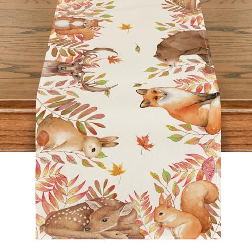 Artoid Mode Cerf Sika Écureuil Animaux Feuilles Automne Chemin de Table, Saisonnier Cuisine Table Décoration Intérieur Vacances Fête Décor 40x140 cm