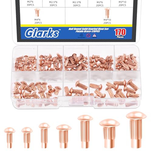 Glarks 170 PCS ensemble de tige moletée de rivets solides, m2 m2.5 m3 M4 demi - round head Red Copper ensemble de rivets solides avec boîte de rangement Home Outdoor hardware tools
