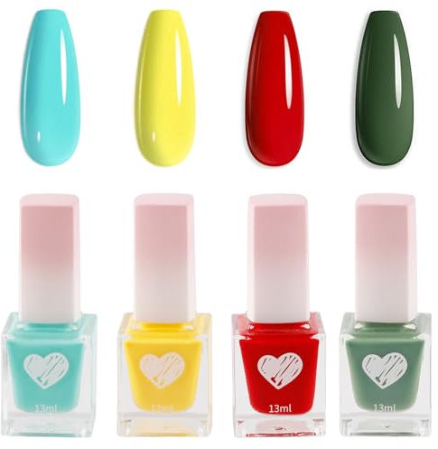 DMQ Pastel Nail Polish Set, 4Pcs Colorful Nail Varnish Set, Quick Dry & Long Lasting Red Yellow Blue Green Nail Gel - Non-Toxic Water Based Holographic Nail Polish Gel for DIY Nail Art - No Need Cure