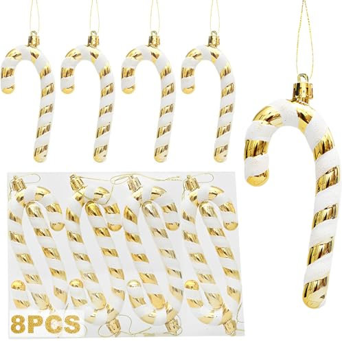 8Stck Glitzer Zuckerstangen Weihnachtsbaum Deko Weiß Gold,13×6 cm Zuckerstangen Deko Weihnachten Anhänger Christbaumschmuck Gold Zuckerdekor Weihnachtsbaumanhänger Weihnachtsdekoration Baumschmuck