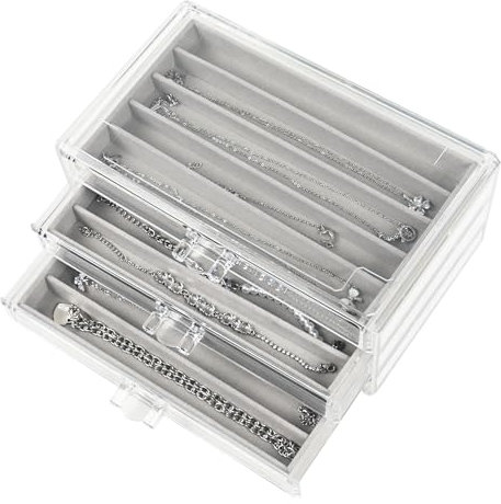 Nwvuop Halskette aufbewahrungsbox Ketten Schmuckaufbewahrung, 3 Schublade Acryl Schmuck aufbewahrungsbox für Ketten Halskette, Grau