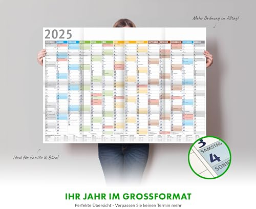 Din A0 Wandkalender für 2025, Jahreskalender, Monatsübersicht, (84,1 cm x 118,9 cm), Planer für Termine, Geburtstage, bspw. Büro, Zuhause, Jahresplaner, Monatsplaner, Plakatkalender, Kalender gefaltet
