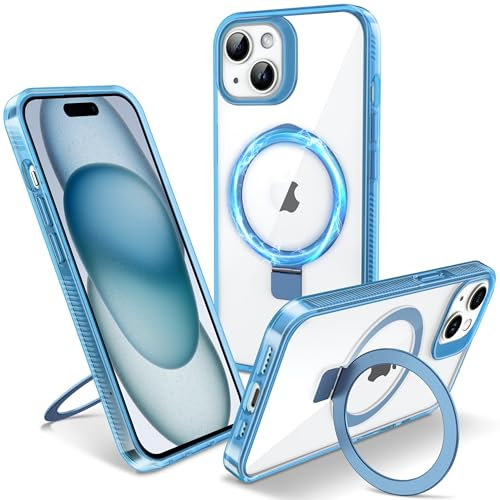 Flyzoo Magnetic Kickstand Case for iPhone 15 Plus, [Compatible with MagSafe & Invisible Ring Stand Holder] [Non-Yellowing & Shockproof] Clear Transparent Hard Silicone Edge Cover, 6.7'', Clear Blue