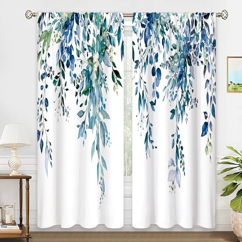 oolygoo Fenstervorhänge, Eukalyptus, botanisches Motiv, Blätter, Blumenmuster, Blau, Aquarell, Türkis, Blume, Pflanze, Wildblume, Landhausstil, Vorhänge, Kräutermotiv, für Schlafzimmer, Wohnzimmer