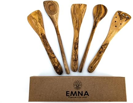 EMNA - Juego de utensilios de cocina de madera de olivo de 5 piezas | aprox. 30 cm | Caja de regalo exclusiva | Cuchara de cocina | Espátula | Único | Hecho a mano | Idea de regalo | Cumpleaños |