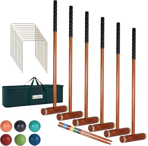 SpexDarxs Krocket-Set für 6 Spieler, Deluxe-Krocket-Set mit hochwertigen Holzschlägeln, farbige Bälle, Wickets, Heringe, Tragetasche, klassische Outdoor-Hinterhof-Rasenspiele für Teenager, Erwachsene,