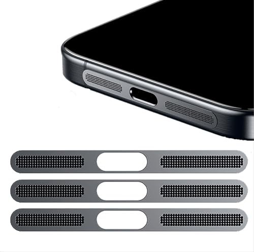 GIOPUEY Mesh Anti Dust Metal Sticker for iPhone 16, 3 pack Integrated Protective Speaker and Charging Port - black
