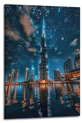 Vintage-Reise-Stadt-Poster, Burj Khalifa Turm, Dubai, Nachtansicht, dekoratives Gemälde, Leinwand, Poster, 30 x 45 cm