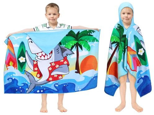 decalsweet Badeponcho Kinder 100% Baumwolle Kapuzen-Babybadetuch, Groß Weich und Saugfähig Kinderhandtuch, Badetücher Handtuch Kapuze Strandtücher für Jungen und Mädchen, 76x 127 cm (Hai am Meer)