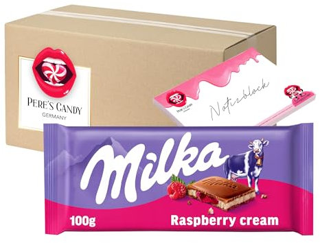 Pere's Candy Bundle für 5 x 100g Milka Tafelschokolade Alpenmilch mit Raspberry Cream + Pere's Candy Notepad DIN A7-25 Blatt