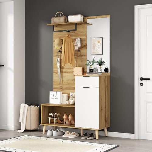 Merax Garderobe Set, Garderobenschrank Flur, Garderobe mit Spiegel und Schuhbank(64 x 39cm), Holz flurgarderobe mit Schuhschrank, Schublade, Regal und Kleiderhaken, 104 x 190 x 39 cm (B/H/T), Eiche
