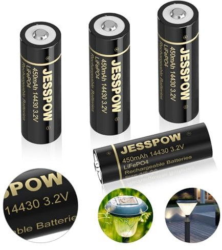14430 Battery, JESSPOW 14430 3.2V 450mAh LiFePo4 Rechargeable Solar Battery for for Solar Panel Outdoor Garden Lights - 4 Pack
