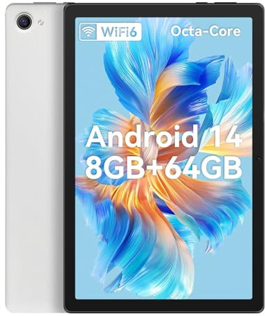 Ainmel Android 14 Tablet 10 Inch Tablets with Octa-Core 8GB+64GB(TF 1TB),1280x800 HD Display, Kids Content/5000mAh/Dual Camera/Face ID Android Tablet 2024 - White