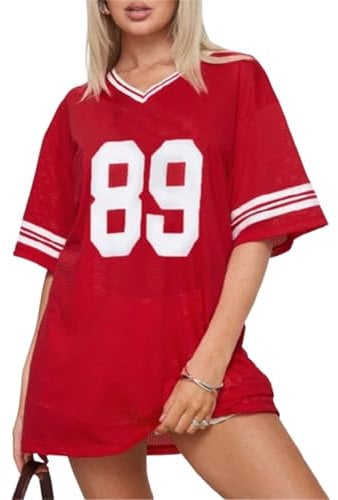 RUIWANBBY Women Y2k Oversized Jersey Summer Top Number Graphic Tee T-Shirt V Neck Short Sleeve Sport Casual Shirts Streetwear (B-Red, M)