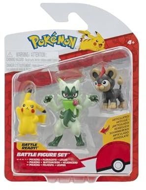 Pokémon PKW4087 - Battle Figure Set - Leufeo, Pikachu, Feliospa, offizielles Figuren Set