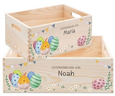 wunderwunsch Osterkiste, Osterkorb, Osternest, Osterkörbchen personalisiert, Ostergeschenk Kinder, Osterdeko Holz, individualisiert mit deinem Wunschnamen (Ostereier Girlande, klein 30x20x13)