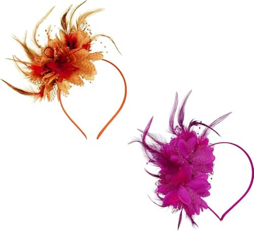 LilaLemon 2Pcs Ladies Fascinator Wedding Hat,Headdress Feather Mesh Hair Accessories Women, Retro Faux Flowers Head Flowers Girls,Flower Mesh Ribbons Feathers On A Headband Wedding Prom red Orange
