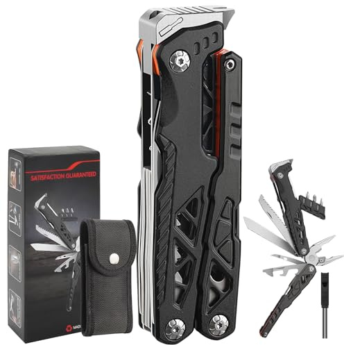 Olubfdh Pince Multifonction en Acier Inoxydable 17 en 1, Couteau Multifonction avec Sac, Outil Multitool Scie Embouts Tournevis Ouvre-Bouteille pour Camping, Extérieur, Randonnée, Survie, Réparation