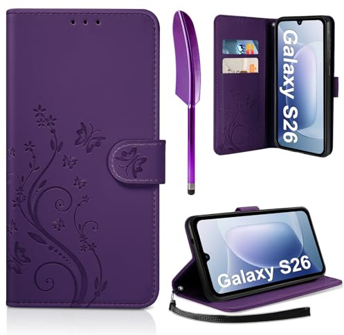 AROYI Lederhülle für Samsung Galaxy S26 5G Hülle und Schutzfolie | Dunkel Violett Flip Wallet Handyhülle PU Leder Magnet Ständer Tascher Kartenfach Case Schutzhülle