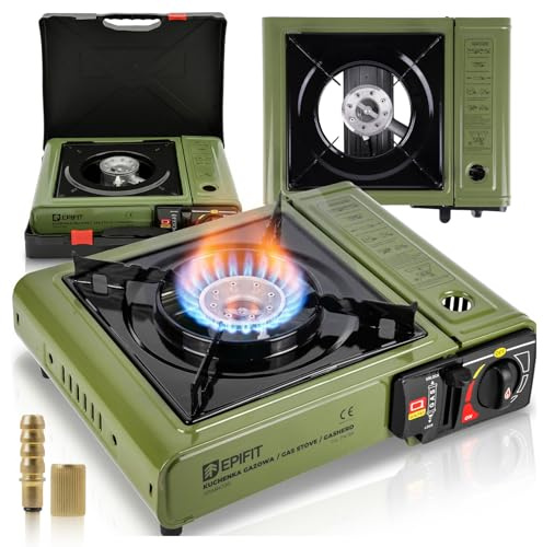 Gaskocher Campingkocher mit Piezozündung Epitfit Camping Gaskocher stufenlos regulierbar 1-Flammig Koffer Gaskartuschen Gasflaschen Grün Kocher