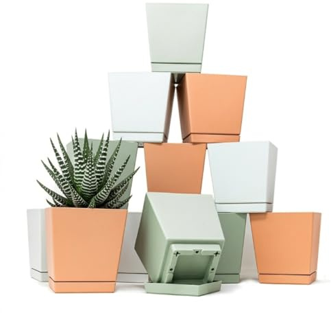 Vasi Fiori Plastica da Esterno Interno 10 cm | Set di 12 Vasi, Pastello | Moderni Quadrati | Con Fori di Drenaggio e Sottovaso | Plastica Dura | Resistente ai Raggi UV