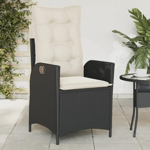 Drainlyn Gartensessel Verstellbar mit Kissen Schwarz Poly Rattan wetterfest Outdoor Lounge Sessel mit Armlehne und Polster für Balkon Terrasse Garten Relaxen klappbar
