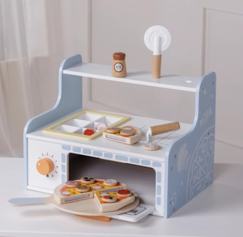 FAHAAM New||Wooden Pizza Oven Playset with Accessories, Colourful play pieces with easy-to-hold chunky designs to help build motor skills, Ideal for the littlest chefs||