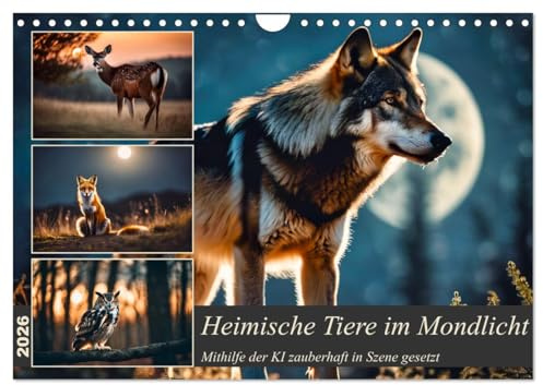 Heimische Tiere im Mondlicht (Wandkalender 2026 DIN A4 quer), CALVENDO Monatskalender: Wolf, Adler und Co. von der KI in Szene gesetzt (CALVENDO Tiere)