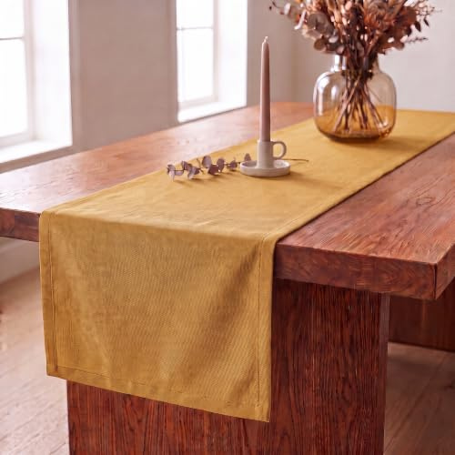 Tischläufer Gelb modern abwaschbar - Leinenoptik 40 x 140 cm | Für Innen & Außen - Wasserabweisendes Tischband mit Lotus-Effekt für Küche, Esszimmer, Garten & Balkon
