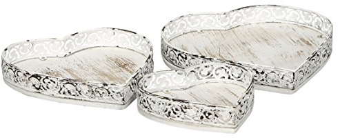 dekoratives Tablett Deko-Tablett Herz-Tablett Holz und Metall in Shabby weiß Vintage Landhaus Optik (klein, Holz/Metall)