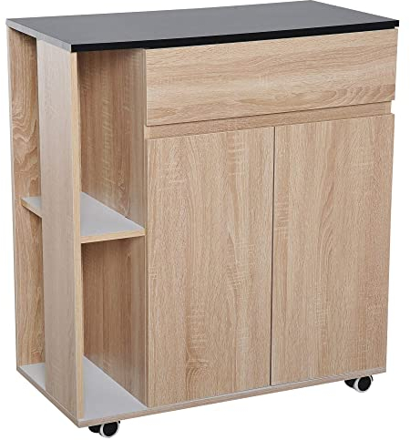 HOMCOM Kitchen Storage Trolley Cart Cupboard Rolling Island Shelves Cabinet With Door and Drawer Locking Wheels