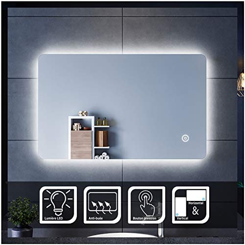 SIRHONA Miroir LED Salle de Bains 80x50cm Anti-buée Miroirs LED Miroir Muraux avec éclairage Cosmétiques Mural Lumière Illumination