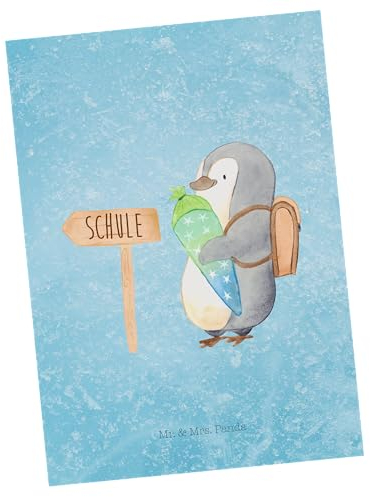 Mr. & Mrs. Panda Postkarte Pinguin Schultüte - Geschenk, Einladung Geburtstag, Ansichtskarte, Geschenk zur Einschulung, erster Schultag, Schulranzen,